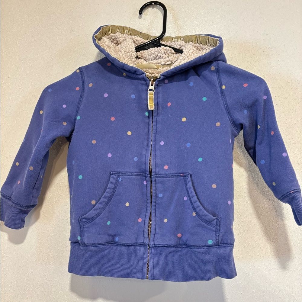 Mini Boden sherpa-lined zip-up hoodie in blue/purple multicolored polka dots